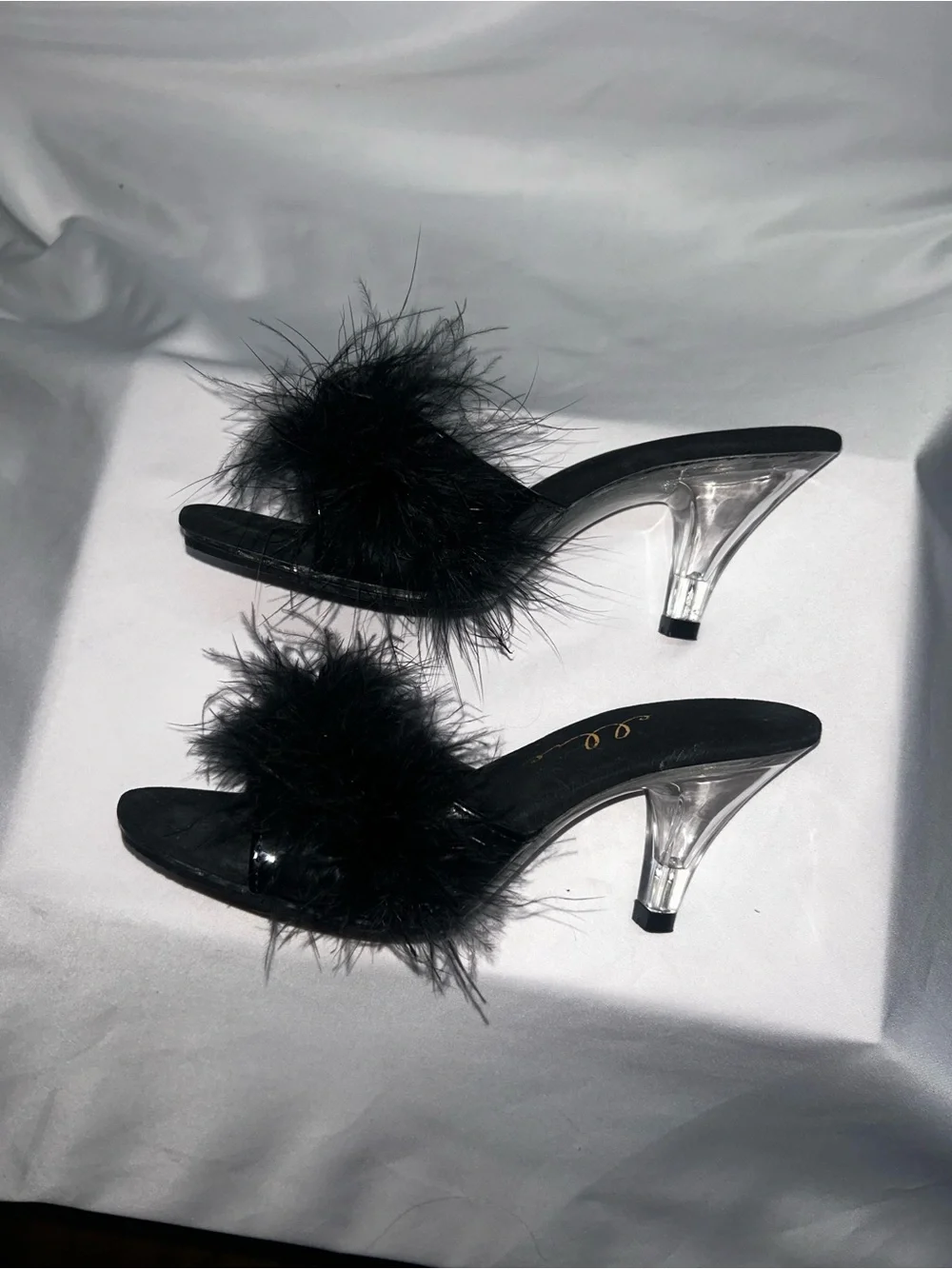 Ellie Black Feather Slide Heels with Marabou Trim